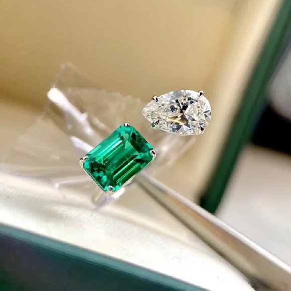 New Women’s 925 Silver Beautiful Emerald Diamond Adjustable Ring - Picture 3 of 5